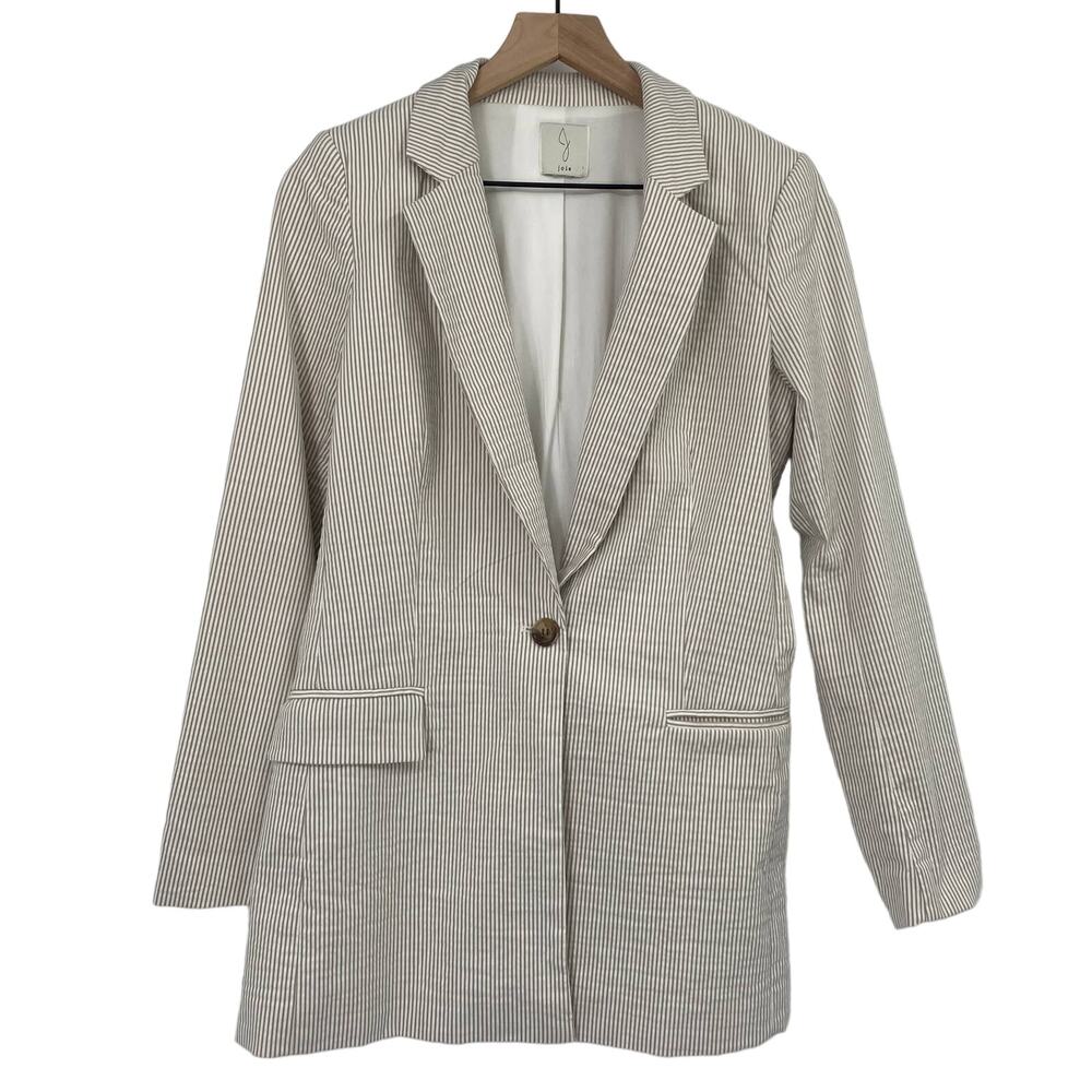 Joie Single Breasted Blazer White Striped Tan Button Front Pockets Womens Medium